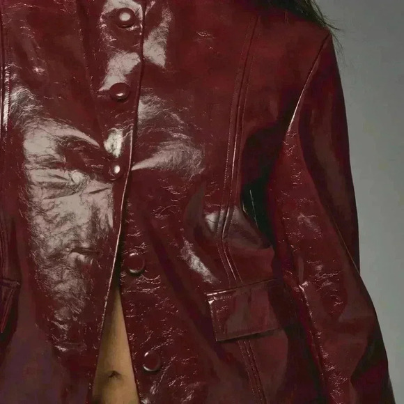 Burgundy Casual Women's Faux Leather Buttoned Round Neck Long Sleeves Jacket - Picture 3 of 6